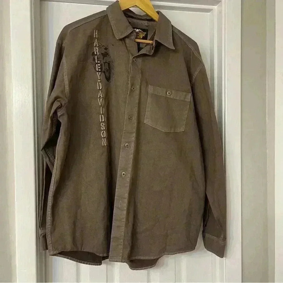 Mens HD LS button up shirt heavy denim type material brown 100% cotton Sz L - Picture 1 of 9